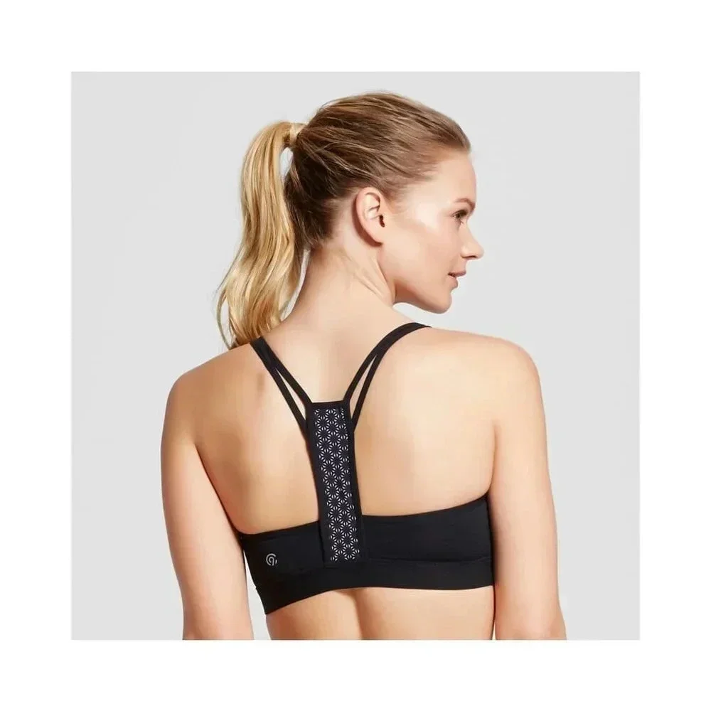 SMALL Champion N9687 C9 Strappy‎ Front Cami Wire Free Sports Bra Black Print NWT